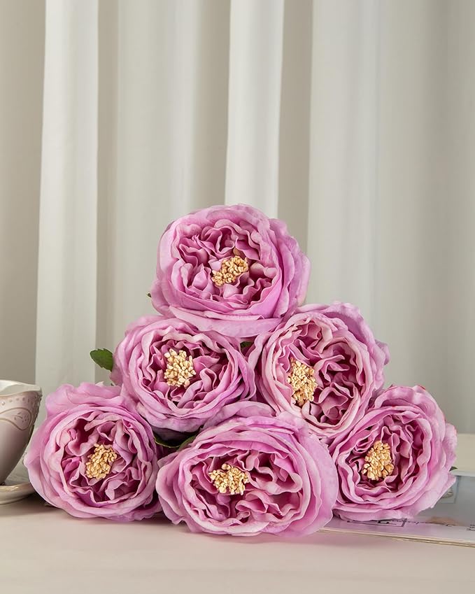 DuHouse 5Pcs Silk Roses Fake Purple Roses with Stems Real Touch Rose Artificial Flowers for Arrangement Wedding Party Home Decoration