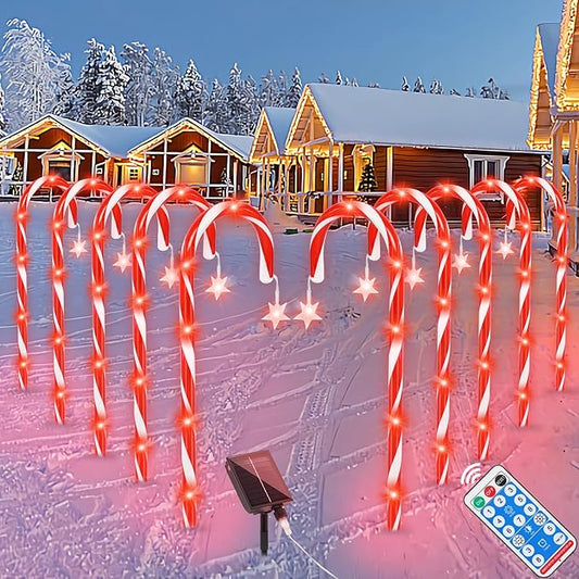 PINPON Christmas Solar Candy Cane Lights 10 Pack, 21" Pathway Markers Walkway Lights with Star, 8 Modes & 3 Timings Xmas Decorations for Outdoor Pathway Garden Yard Patio