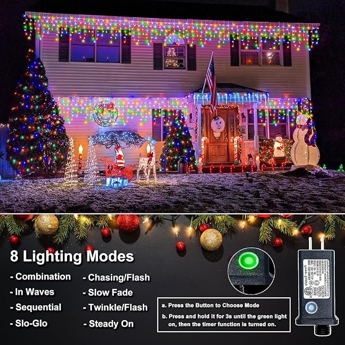 Christmas Icicle Lights Outdoor, 66ft 640 LED Icicle Lights for Outside with 8 Modes Timers, Waterproof Plug in Connectable String Light for Indoor Home Roof Yard Party Decorations, Multicolor