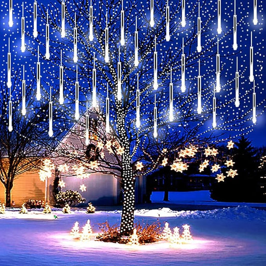 Christmas Lights Outdoor, 12 Inch Led White Meteor Shower Lights, Christmas Decorations Indoor Outdoor for House Party Holiday, Icicle Decor for Tree Xmas Outside Yard, UL