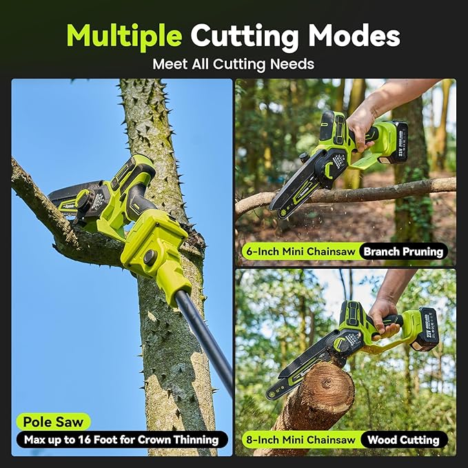 Cordless Pole Saws for Tree Trimming, 8" & 6" Mini Chainsaw Battery Powered with Extended Pole and 2x4.0Ah Batteries, 16 Feet Electric Pole Chainsaw, Tree Trimmer Limb Branch Cutter Pruner