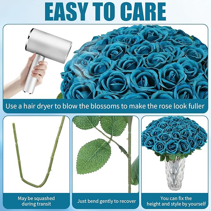 36 Pcs Teal Artificial Roses with Long Stems, Blue Green Fake Silk Rose Artificial Flowers Bulk for Bridal Wedding Bouquet Centerpiece Ball Arrangement Party Decor