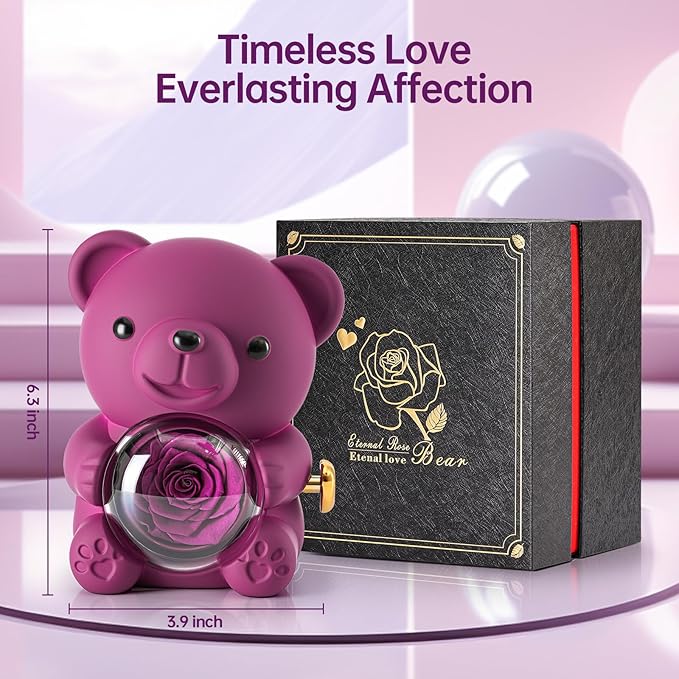Cute Teddy Bear with Preserved Rose - A Real Rose Flower in Bear with Elegant Gift Box - Romantic Gift for Her in Mother's Day, Weddings, Anniversaries, and Bridal Showers (Purple)