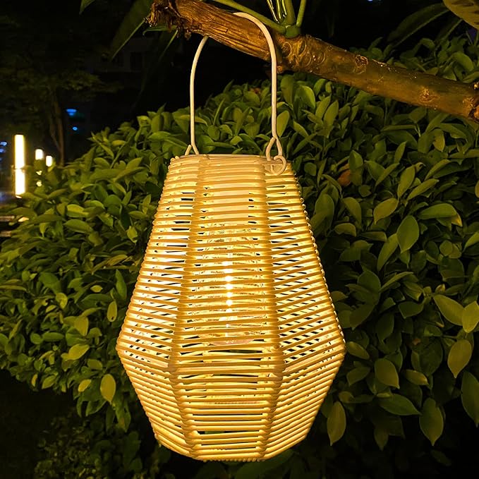 Outdoor Solar Lantern Hanging Decorative Rattan Lanterns with Handle White Large Solar Table Lamp Waterproof for Patio Garden Wedding Home Decor