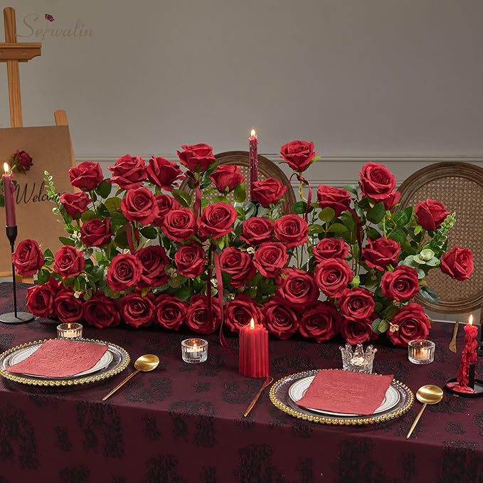 Serwalin 60 PCS Red Artificial Roses Bulk, Realistic Silk Fake Roses for Bridal Bouquet Wedding Centerpieces Table Arrangement Party Home Decor