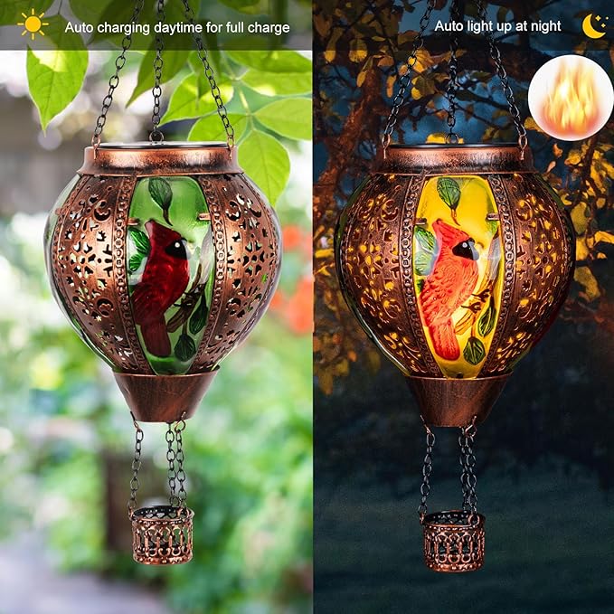 Hot Air Balloon Solar Lantern Outdoor - Flame Hanging Solar Light Waterproof Lanterns for Patio Garden Yard Farmhouse Decor, Great Gift(Cardinal 2)