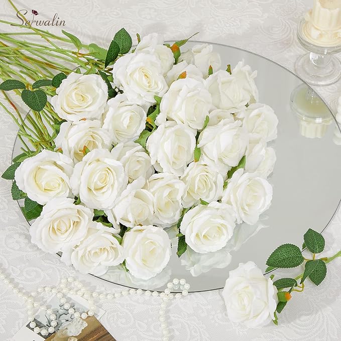 Serwalin 30PCS Artificial White Roses, Fake Silk Roses with Long Stems, Realistic Roses Flowers for Wedding Centerpieces Bridal Bouquet Party Home Office Decor