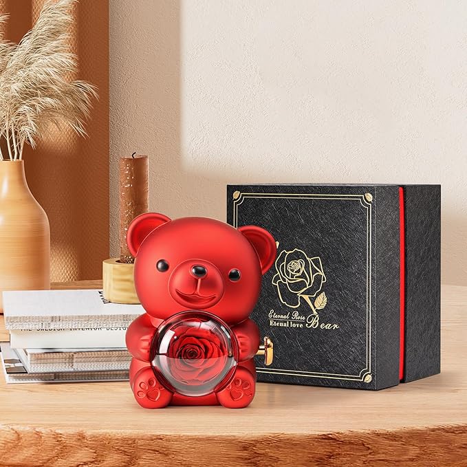 Cute Teddy Bear with Preserved Rose - A Real Rose Flower in Bear with Elegant Gift Box - Romantic Gift for Her in Mother's Day, Weddings, Anniversaries, and Bridal Showers (Red)
