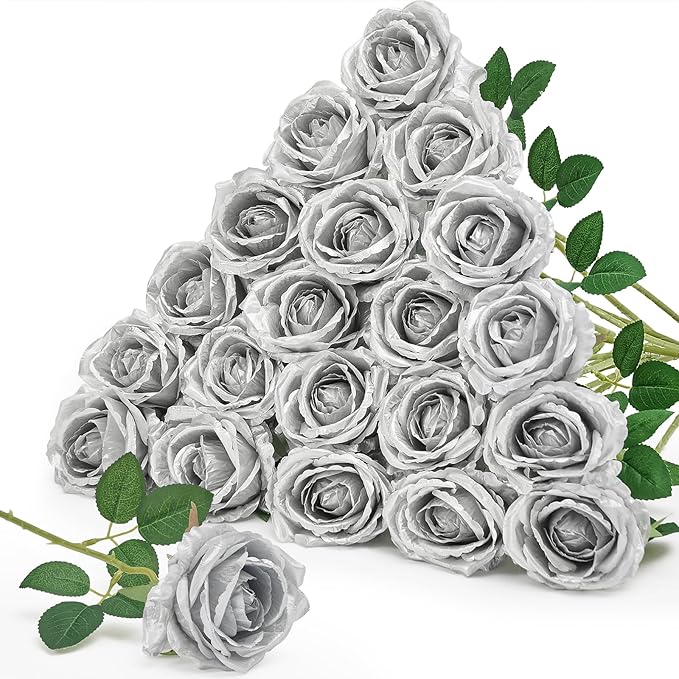Serwalin 20pcs Artificial Silver Roses, 4'' Big Flower Head, Fake Roses Real Touch, Silk Roses Long Stems Realistic Bouquet for Wedding Parties Table Centerpiece and Home Decor