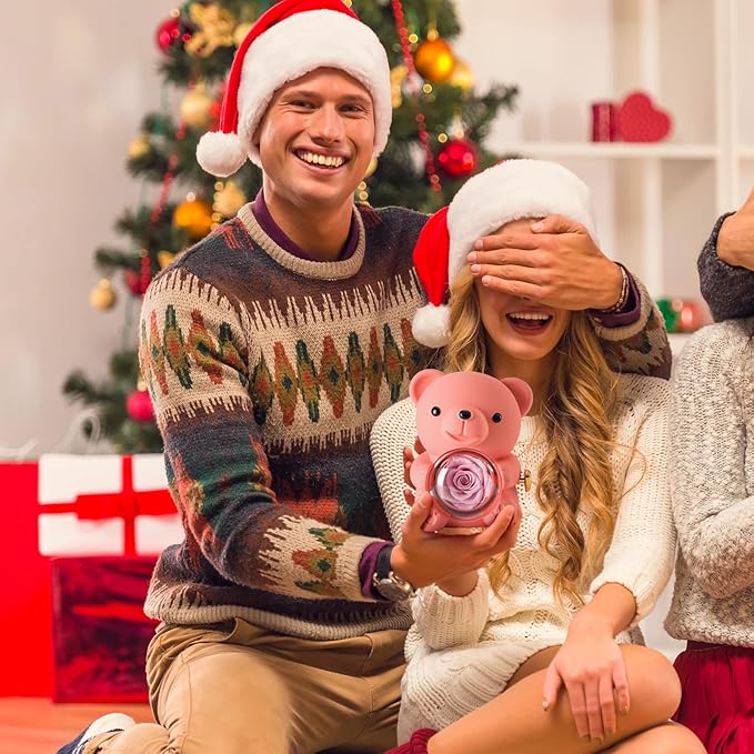 Cute Teddy Bear with Preserved Rose - A Real Rose Flower in Bear with Elegant Gift Box - Romantic Gift for Her in Mother's Day, Weddings, Anniversaries, and Bridal Showers (Pink)