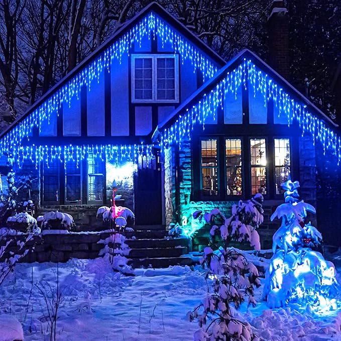 132ft Icicle Lights for Outside, 1280 LED Blue Christmas Lights Outdoor with 240 Twinkle Drops, 8 Modes Plug in Waterproof Timer Memory for Tree Wedding Party House Patio Eave Yard Holiday Decoration