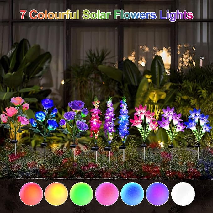 Solar Garden Lights Waterproof, 3 Pack Solar Flowers Lights Includes Lily Rose Delphinium,Gardening Gifts for Mom Grandma Women ,7-Color Changing Outdoor Decor Solar Lights for Garden Yard Patio Lawn