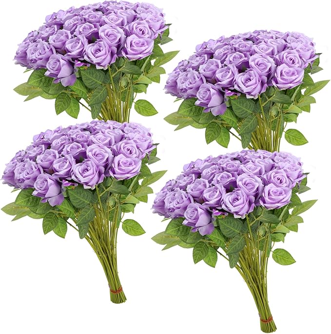 36 Pcs Silk Purple Rose Bouquet Bridal Artificial Flowers,Fake Rose Long Stem Realistic Artificial Flowers Bulk for Wedding Bouquet Ball Arrangement Centerpiece Party Decor