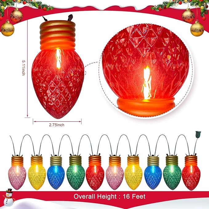 Jumbo Christmas Lights String,16FT C7 Giant Christmas Lights Decorations Connectable Hanging Lights with 10 Multicolor Strawberry Big Bulb for Roof Yard Garden Outside Decor