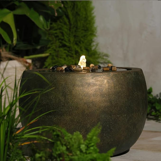 Garden Water Fountain Outdoor Bubbler Water Feature Indoor with Lights & Pump and Pebbles Waterfall Fountains Concrete Effect for Patio Deck Yard Home Decor Gold, 18 "L x 18" W x 11.5" H