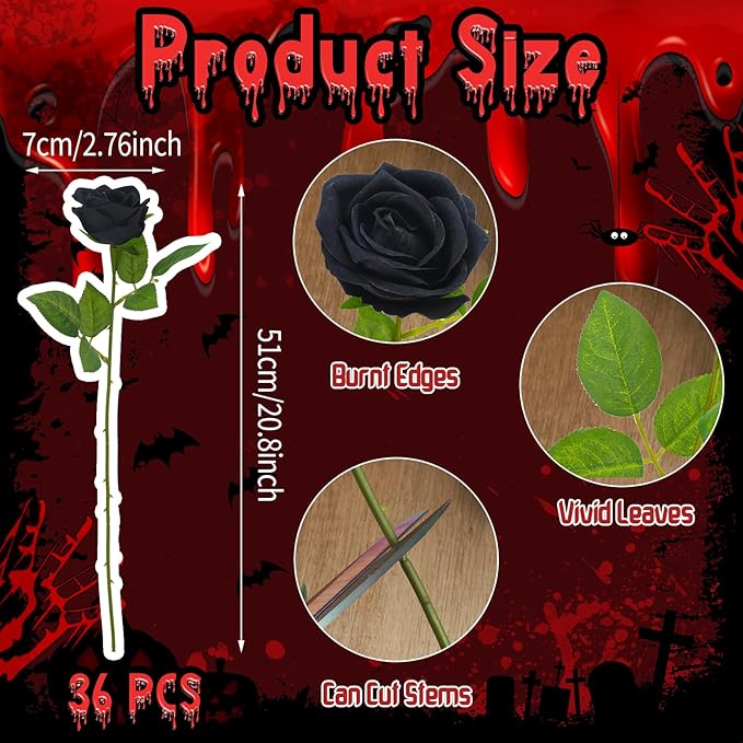 36 Pcs Silk Black Rose Bouquet Bridal Artificial Flowers,Fake Rose Long Stem Realistic Artificial Flowers Bulk for Wedding Bouquet Ball Arrangement Centerpiece Party Decor