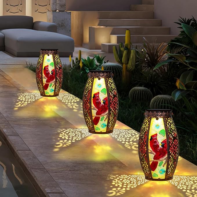 Outdoor Solar Lantern-Waterproof Two Cardinal Hanging Metal Decorative Lights for Patio Table Garden Pathway Yard with Super Bright Warm White LED, Large Solar Panels, Auto On/Off Sensor