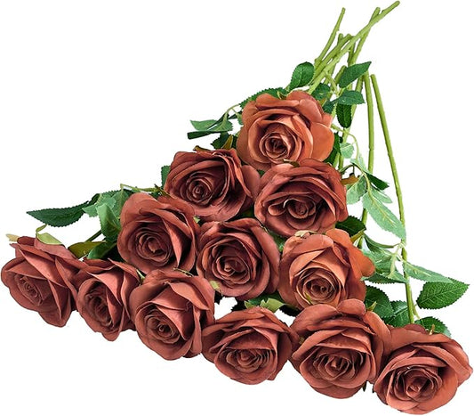 12pcs Rust Orange Rose Artificial Flowers Faux Roses Silk Roses Orange Silk Flowers with Long Stems for Wedding Baby Shower Home Decor Party Centerpieces Table Decorations
