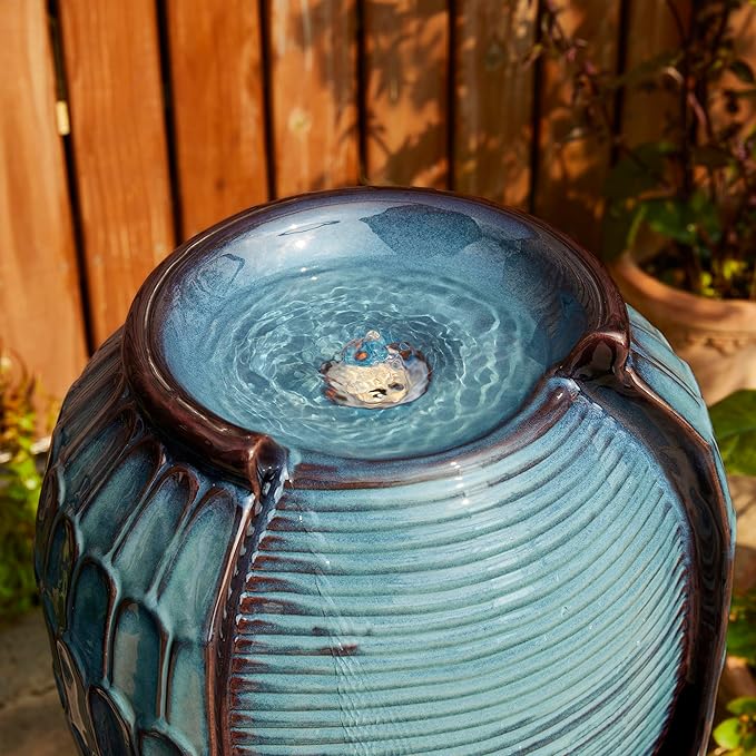 Glitzhome 28.25" H Oversized Ceramic Petals Textured Jar Outdoor Water Fountain, Vintage Turquoise Glaze Vase Patio Garden Waterfall Fountain with LED Light and Submersible Pump