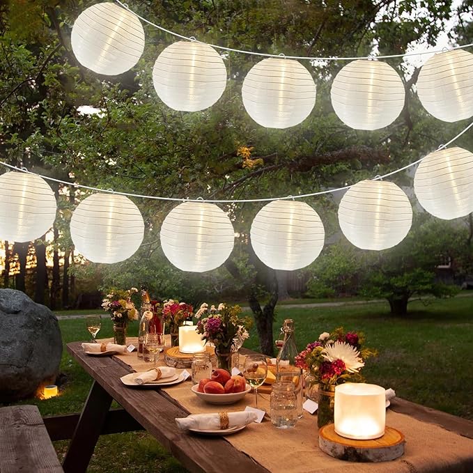 Lantern String Lights Outdoor, 27.5FT White Lantern String Lights Plug in with 10 Nylon Lanterns and G40 LED Bulbs, Hanging Light Strings Waterproof for Indoor Bedroom Outdoor Patio Wedding Party