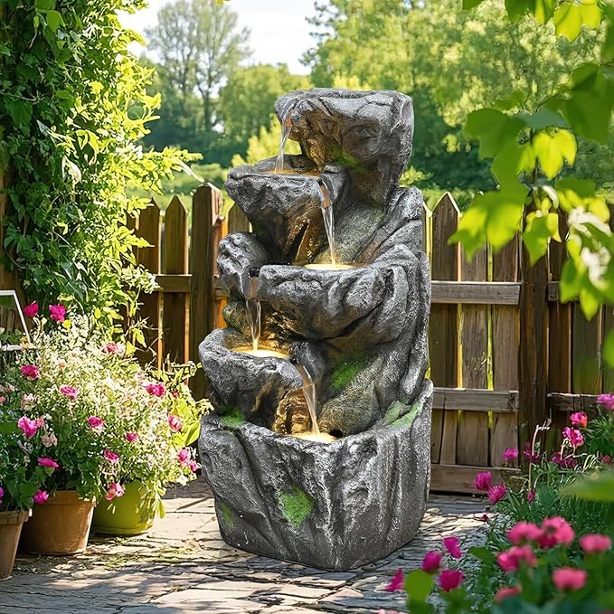 Water Fountain Outdoor 31.59" H Cascading Rock 5-Tier with LED Lights Waterfall for Garden, Landscaping, Patio, Backyard, Balconies, Lawns, Porch and Home Art Decor Living Space
