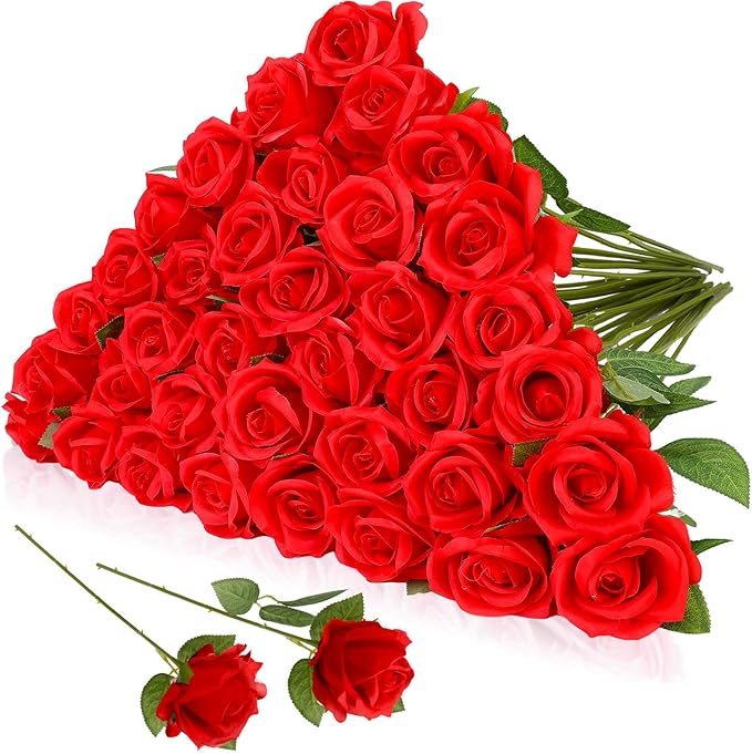 36 Pcs Silk Rose Bouquet Bridal Artificial Flowers,Fake Rose Long Stem Realistic Artificial Flowers Bulk for Wedding Bouquet Ball Arrangement Centerpiece Party Decor(red)