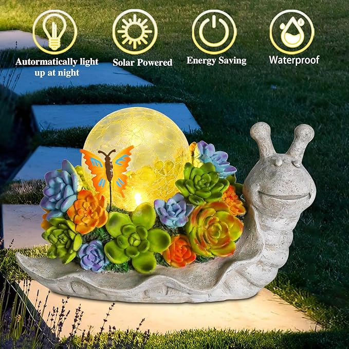 Afirst Solar Garden Snail Statues with Succulent Outdoor Resin Figurine Solar Lights Statue Decorations for Lawn, Patio, Balcony, Yard Ornament
