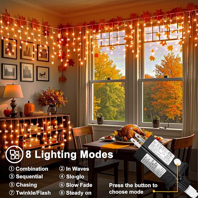 33 FT Orange Icicle Lights for Outside, 400 LED Christmas Lights Outdoor, Clear Wire Twinkle String Lights with Timer 8 Modes Waterproof for Window House Patio Yard Wedding Classroom Festival Decor