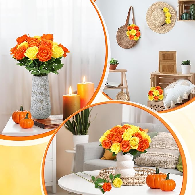 36 Pcs Yellow, Orange Artificial Roses with Long Stems, Purple Fake Silk Rose Artificial Flowers Bulk for Bridal Wedding Bouquet Centerpiece Ball Arrangement Party Decor