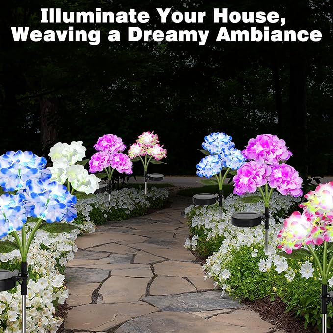 4 Pack Solar Garden Lights, Solar Flowers Lights with 4 Blooming Hydrangea Flowers, Waterproof Solar Lights Outdoor for Yard Porch Patio Backyard Pathway Gardening, 2 Lighting Modes, Colorful