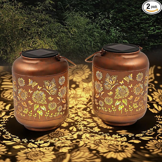 2-Pack Birthday Gifts for Women Mom Grandma Solar Lanterns Outdoor Waterproof Butterfly Garden Decor Hanging Metal Lights Outside for Yard,Patio,Backyard,Porch