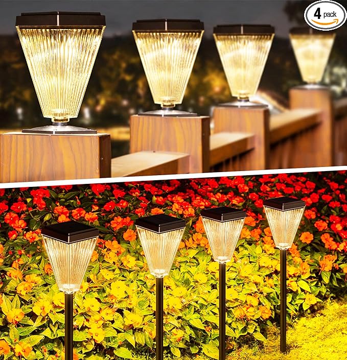 Outdoor Solar Post Caps Lights-4 Pack Waterproof Solar Fence Post Solar Powered Deck Post Lights,High Brightness Warm White Led Post Lights fits 4x4, 5x5,6x6 Wooden Post