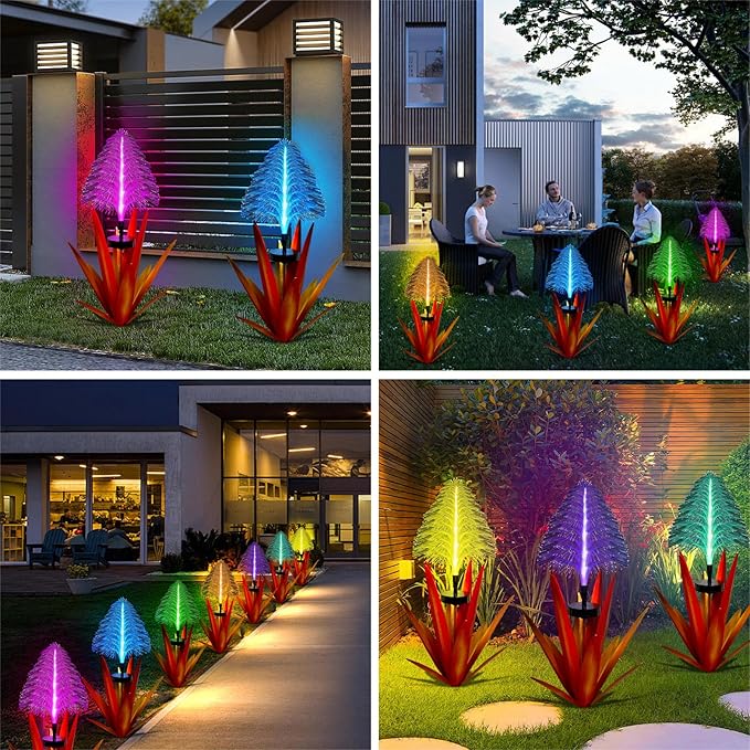 Metal Outdoor Decoration Gift Christmas Decorations Outdoor Metal Agave Yard Art Garden Lights Solar Outdoor, 7 Color Changing Garden Yard Pathway Xmas Decor Waterproof & Solar Powered(2pcs red)