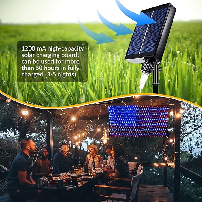 MUYUN American Flag Lights Solar Powered&Plug-in, 420LED Flag Net Light with Remote, 8 Modes Fairy String Light for Christmas Decorations Party Home Decor July 4th Independence Day