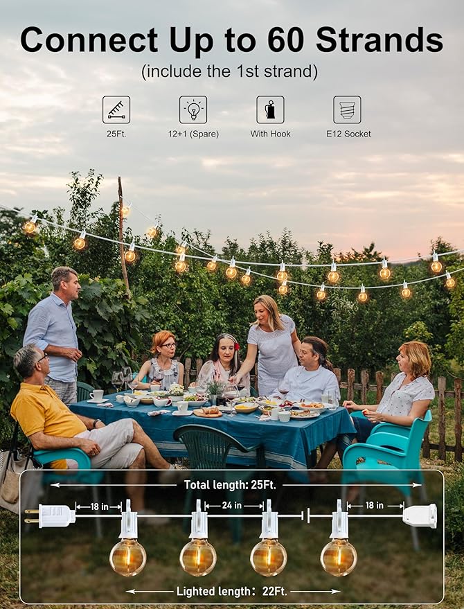 Brightown 25 Feet LED Outdoor String Lights with Shatterproof G40 Edison Bulbs, Connectable and Weatherproof Strand, Commercial Grade Patio Lights for Backyard Garden Patio Decorative, White