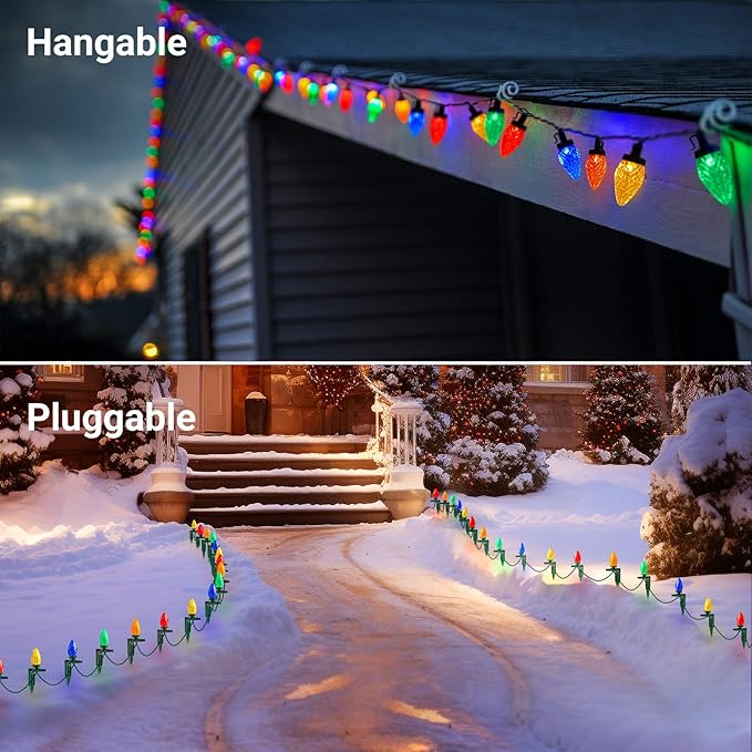 SURAIELEC 2 Pack Christmas Pathway Lights Outdoor, Total 50FT 50 LED C9 Christmas Lights with Stakes, Connectable Ground Lights for Yard, Walkway, Driveway Decor, Multicolored, UL Listed