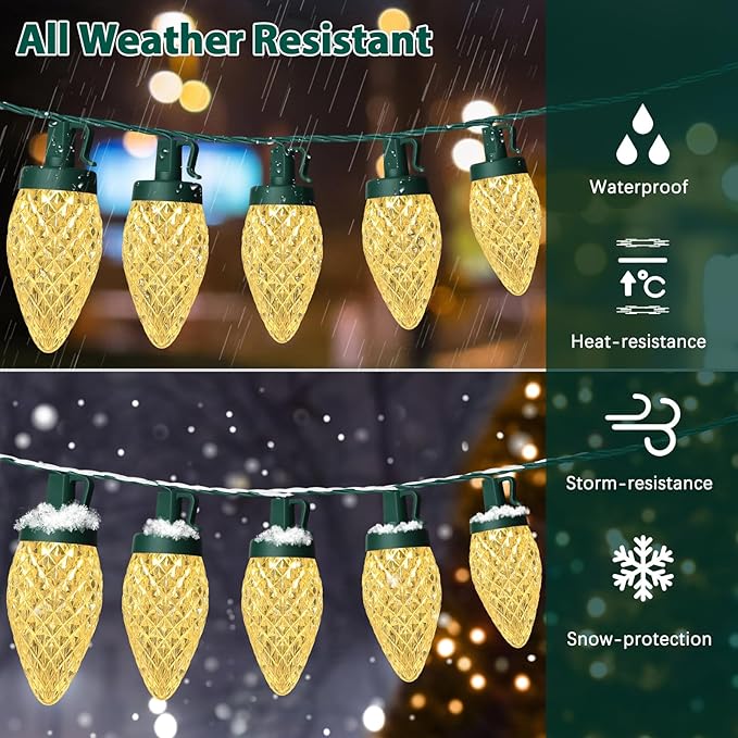 C9 LED Christmas Lights, 34FT 50 Bulbs Outdoor Christmas Decorations for House Waterproof String Lights Extendable Green Wire Fairy Lights for Patio Xmas Garden Party Wedding Holiday Indoor Warm White