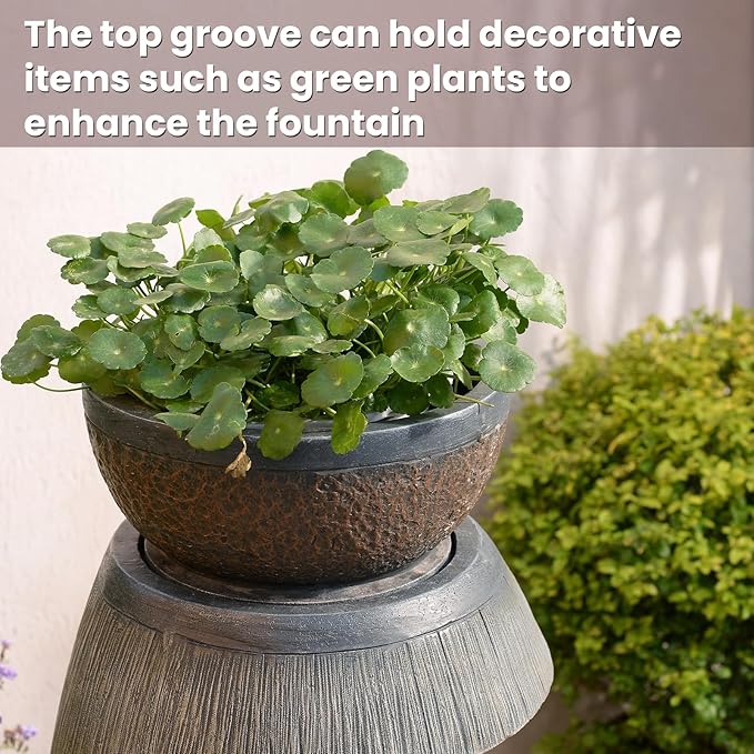 31.9" S-Shaped Water Outdoor Fountain–Modern Cascading Waterfall Feature with LED Lights & Planter Bowl, Garden Fountains Outdoor for Patio, Balcony, Yard or Home Decor, Resin Waterfall