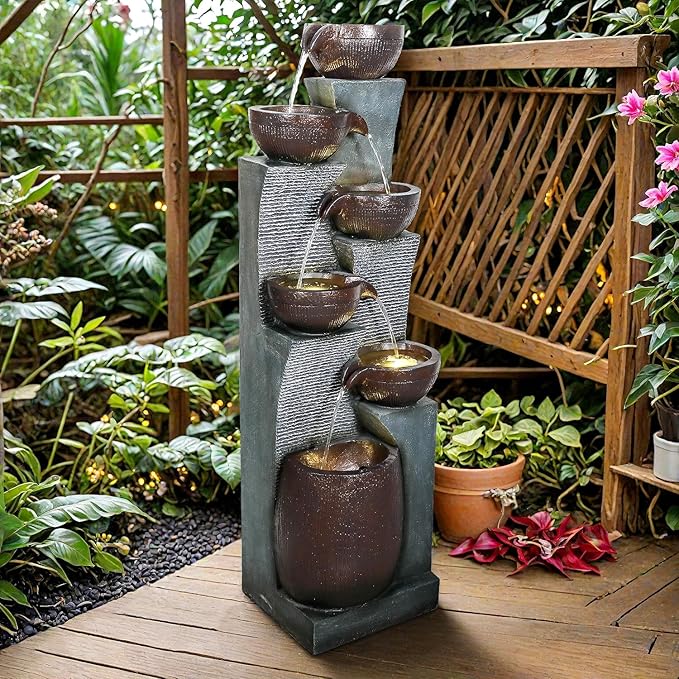 53.5in High Outdoor Indoor Water Fountain, 6-Tiered Poly-Resin Waterfall Fountain with LED Lights, Decorative Floor Standing Fountain for Garden, Patio, Yard, Home Decor