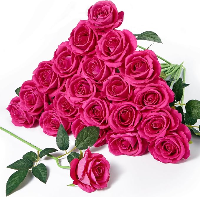 Serwalin 20pcs Artificial Roses, 4'' Big Flower Head, Hot Pink Roses Velvet Real Touch, Silk Fake Roses Long Stem Realistic Bouquet for Wedding Table Centerpiece and Home Decor