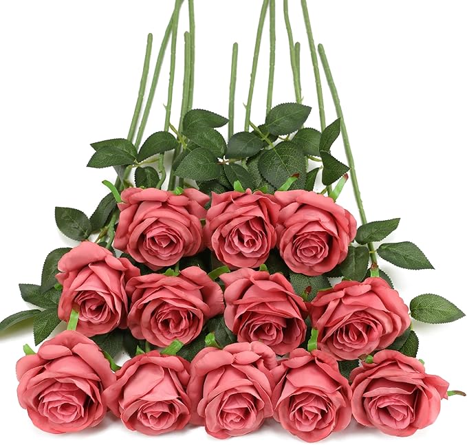Pink Fake Roses Artificial Flowers - 16 Pcs Fake Artificial Roses Silk Flowers with Stems for Home Wedding Hotel Office Centerpiece Decor（Coral Pink）
