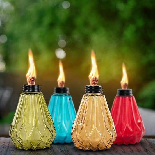 Deco Window Pack of 4 Table Torch for Indoor Outdoor Citronella Oil Tabletop Glass Lamp Landscape Multicolored Lantern with Fiberglass Wick & Cap for Garden Patio Yard Party Decor Light