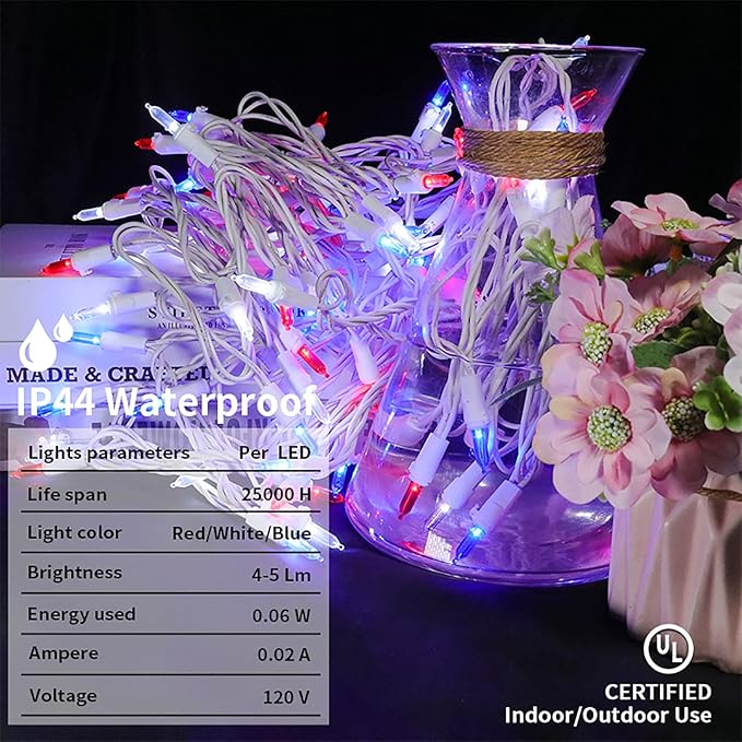 Red White and Blue Christmas LED Lights - 2 Pack 100 Count 4th of July Mini String Lights for Tree, Party, Memorial Day Decorations, 2 Sets 33 Feet White Wire, UL Certified, Connectable