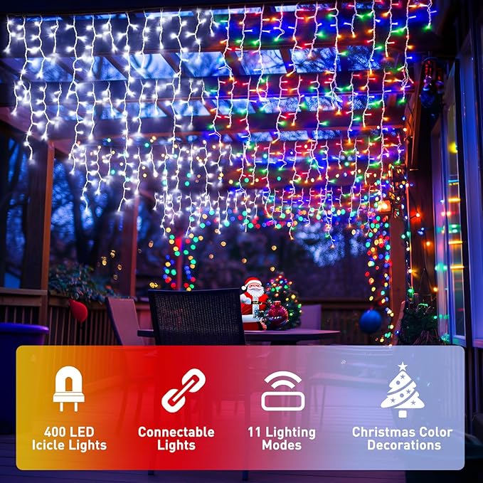 JMEXSUSS Color Changing Lights Outdoor Waterproof,400 LED Christmas Icicle Lights with Remote, White to Multicolor Icicle Lights for Indoor Christmas Eaves Party Decorations