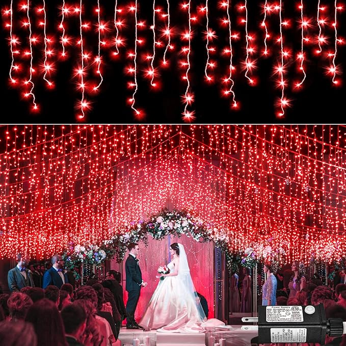 33ft Icicle Lights for Outside, Red Christmas Lights Outdoor Waterproof for House, 400 LED Twinkle Tree Lights with 75 Drops Clear Wire Short Curtain Lights for Room Home Wall Indoor Decorations