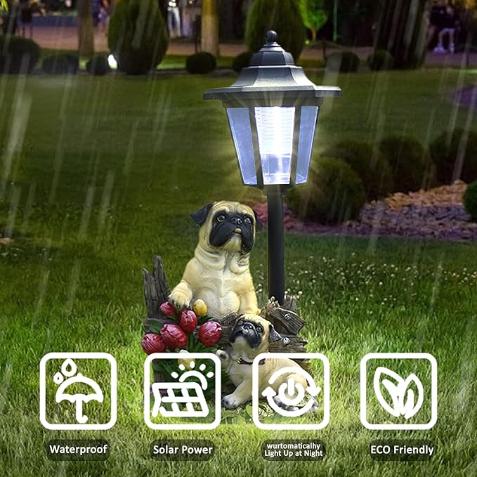 Solar Garden Country Farm Pug Dogs with Light, Outside-Outdoor Decorations Animal Statue for Patio Yard Lawn Walkway Ornaments Clearance Gifts for Mom Grandma Birthday