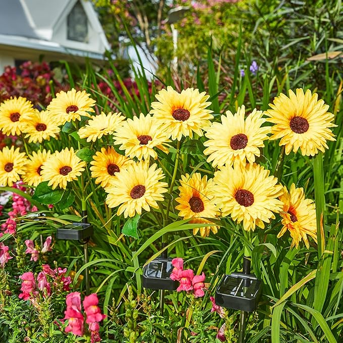 4 Pack Outdoor Solar Garden Lights with 16 Glowing Daisy Flowers & Stems, Waterproof Auto ON/Off Solar Flowers Lights for Yard Patio