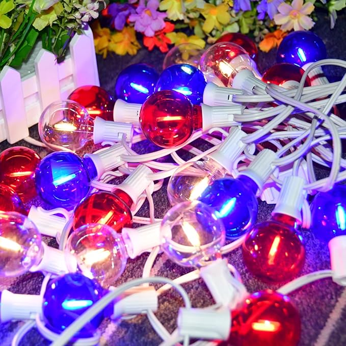 50Ft LED G40 Red White and Blue Lights Outdoor 4th of July Lights with 50+3 Shatterproof Bulbs for Patriotic Decor in Yard Garden Patio - Light up Memorial Day 4th of July Decorations Outdoor, 0.6W