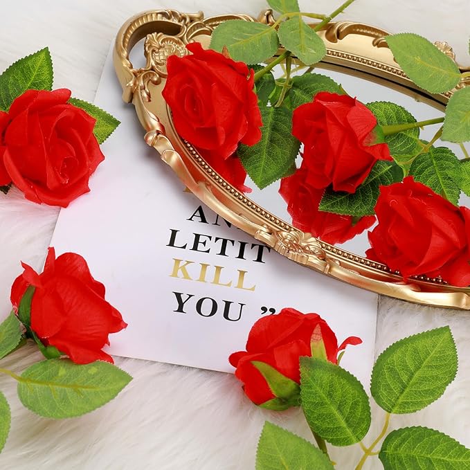 36 Pcs Silk Rose Bouquet Bridal Artificial Flowers,Fake Rose Long Stem Realistic Artificial Flowers Bulk for Wedding Bouquet Ball Arrangement Centerpiece Party Decor(red)