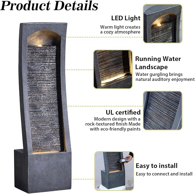 42.3" H Water Feature Outdoor Faux Slate Contemporary Waterfall Fountain Indoor for Garden, Backyard, Deck, Porch and Home Art Decor Large Outdoor Fountain with Lights